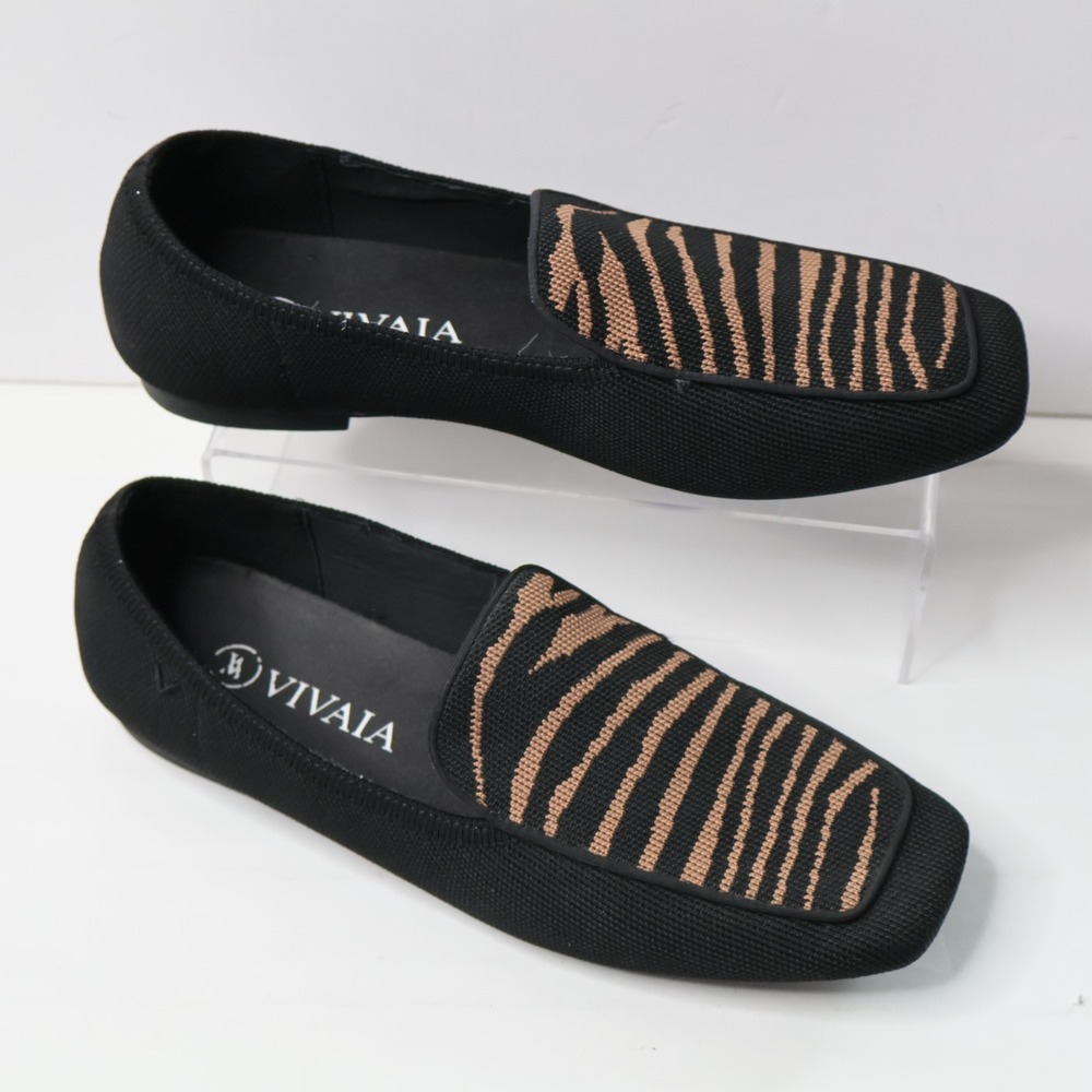VIVAIA Square Toe Black Zebra Print Knit Loafers Shoes Womens 39 EU 8 8.5‎ US
